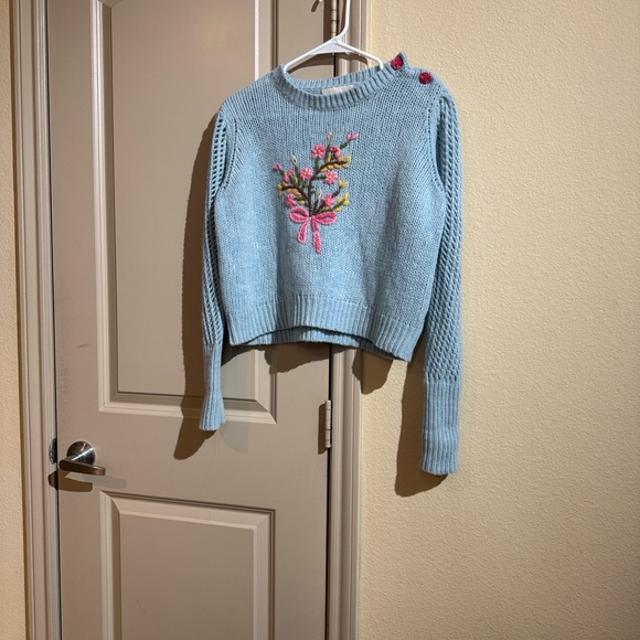 LoveShackFancy Light Blue Sweater with Pink Floral Embroidery - Picture 4 of 12